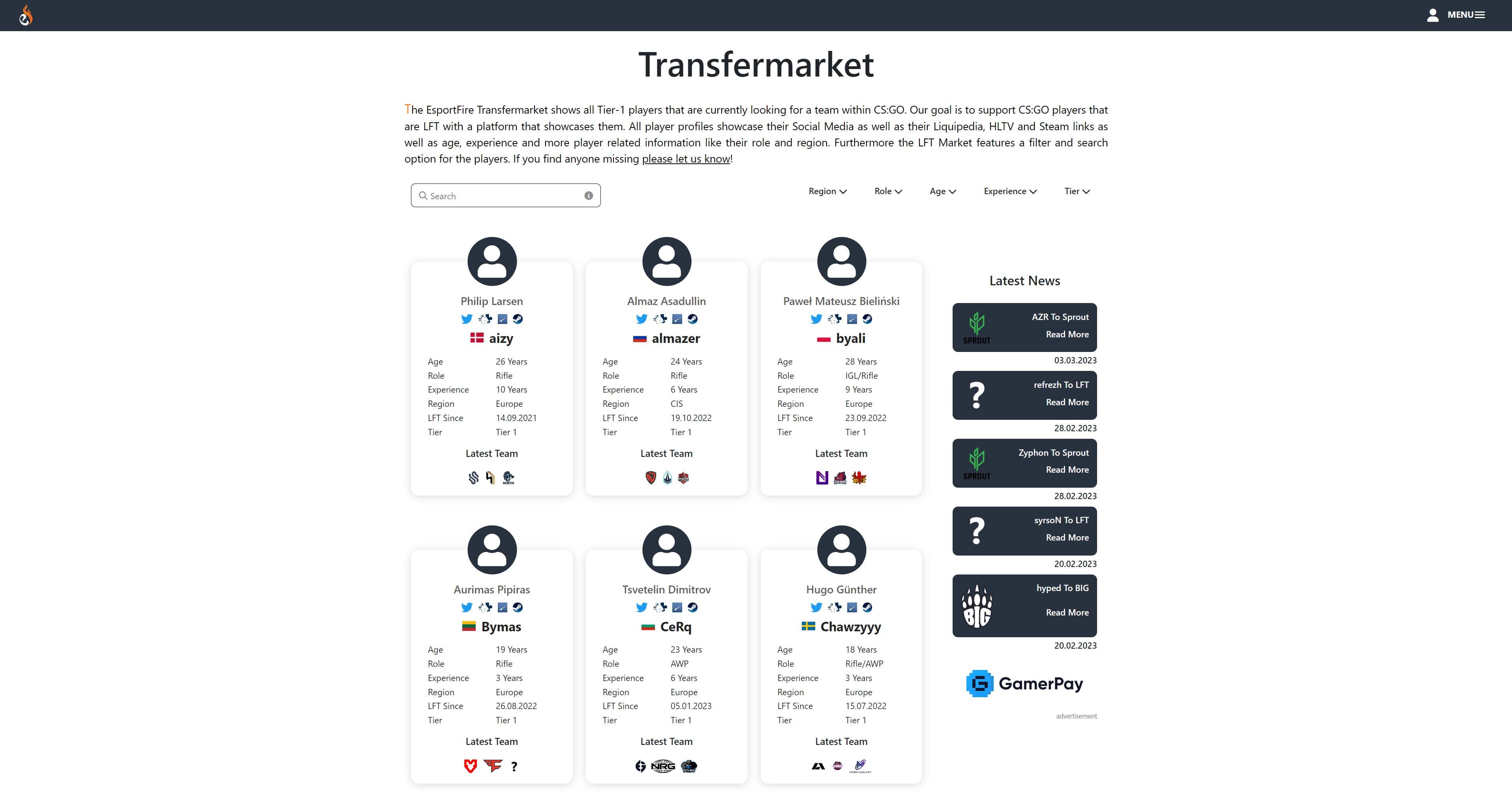 CS:GO EsportFire Page Guide Transfermarket